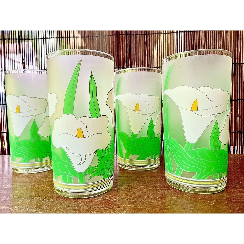 VTG Calla Lily Frosted Tumblers 4 Set 1980s Splash Ware Acrylic Cups 16 oz Retro